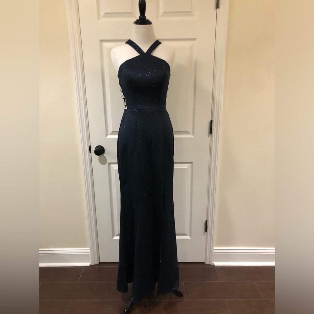 Navy Glitter Prom Homecoming Wedding Dress W/ Slit NWT